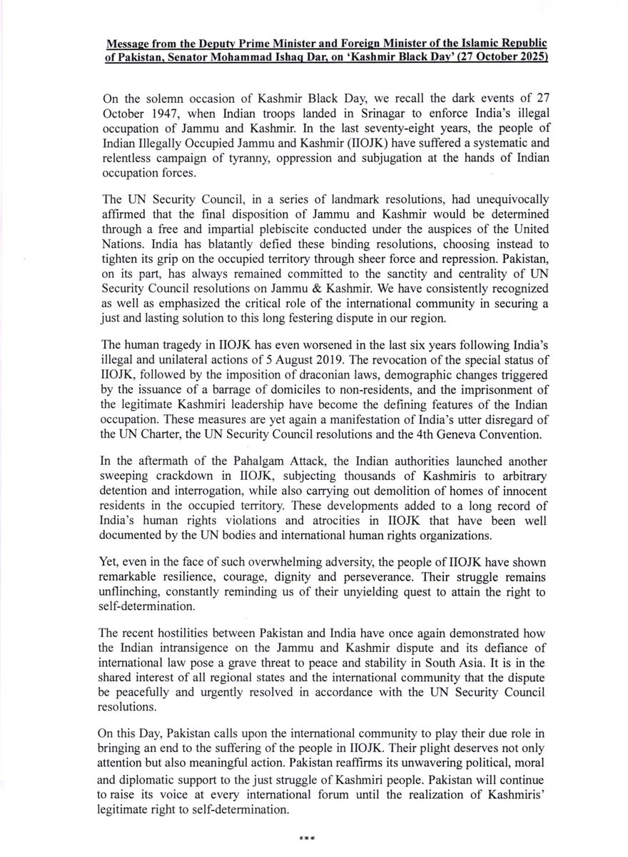 Message from Deputy Prime Minister / Foreign Minister on #Kashmir Black Day 27 October 2025.