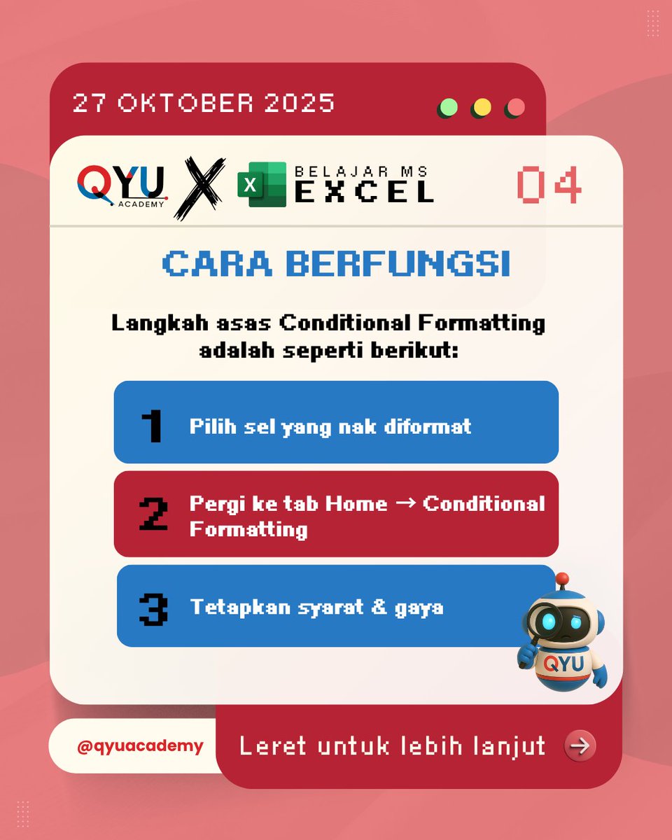 📊 APA ITU CONDITIONAL FORMATTING? - PART 1
🤔 Conditional Formatting bukan sekadar warna cantik — ia kuasa untuk melihat lebih jauh.

Jom bersama QYU Academy — Belajar. Mahir. Berjaya.

#QYUAcademy #BelajarDigital #QYUTips #JomMahir