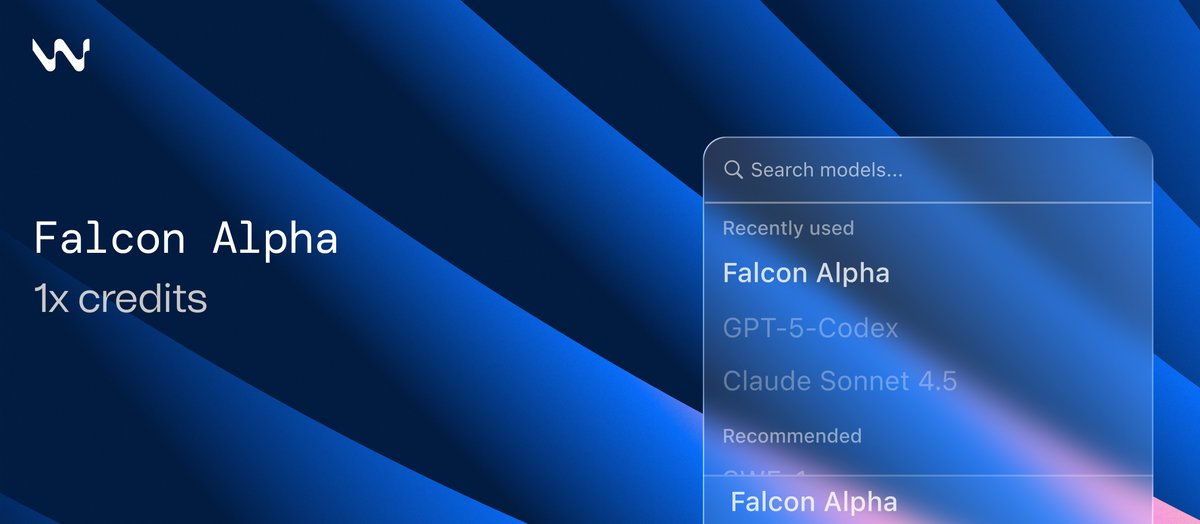 windsurf's tweet image. You can now try a new stealth model in Windsurf.
Falcon Alpha is a powerful agentic model designed for speed.
We're excited to hear what you think ⚡️