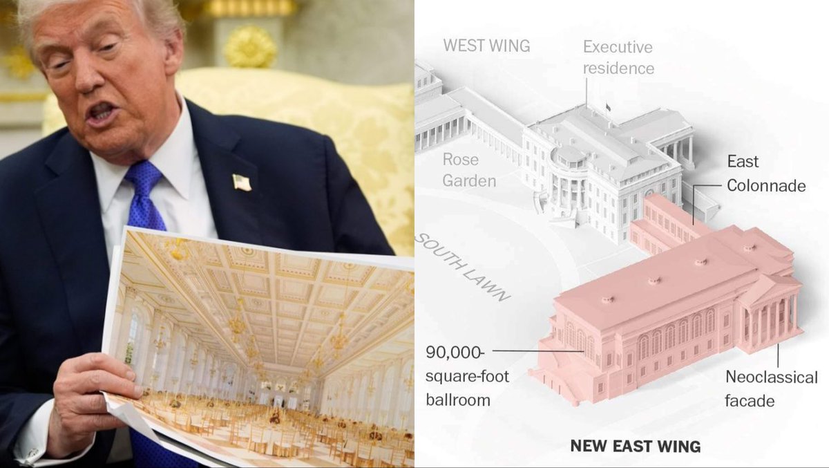 cwebbonline's tweet image. The $ math isn’t mathing, and the square footage isn’t squaring up.

Am I the only one thinking Trump’s not building a ballroom but an alternate White House, lined in plenty of tacky gold to match his ego. He’s not planning on leaving.