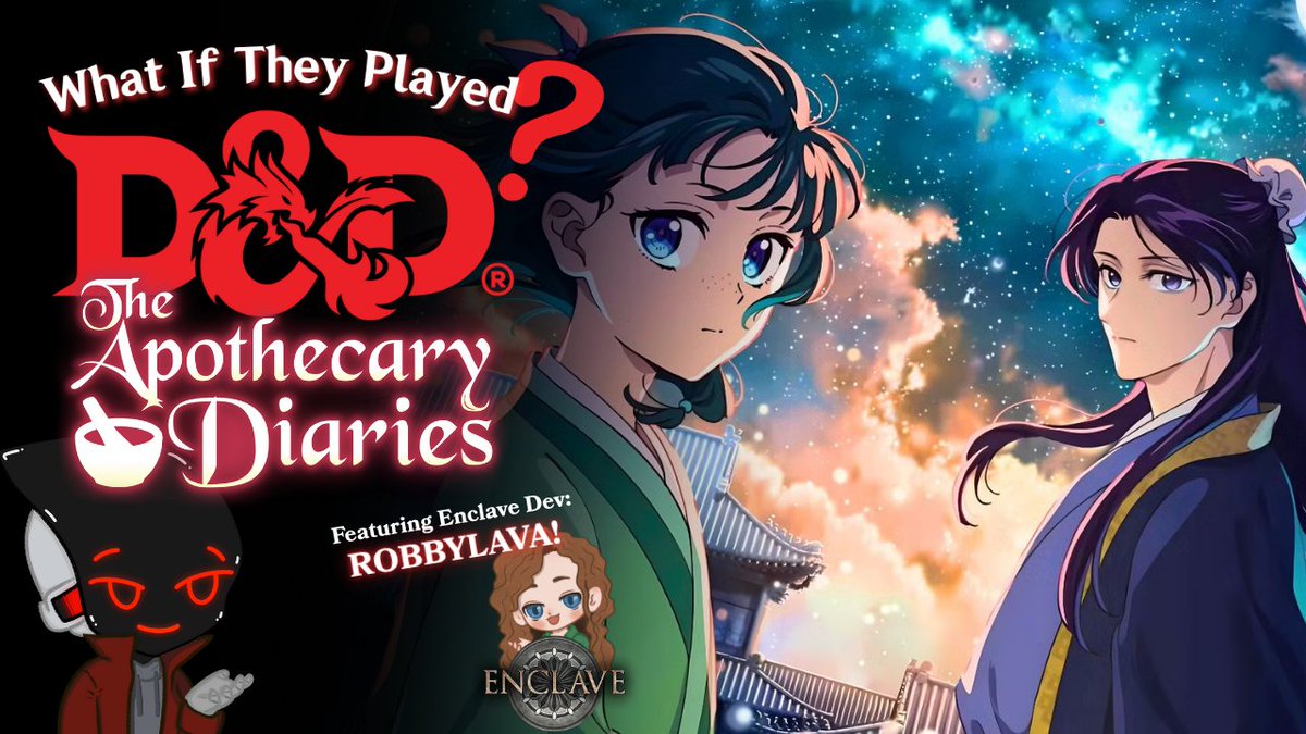 Join Apothecary Diaries in a D&amp;D-inspired game with RobbyLava, creator of Enclave, a dice-less TTRPG! 🥮

youtu.be/x0BvdYrAedA?si…

Check out the Kickstarter: kickstarter.com/projects/robby…

#gamemastersguide #TTRPG #robbylava #apothecarydiaries