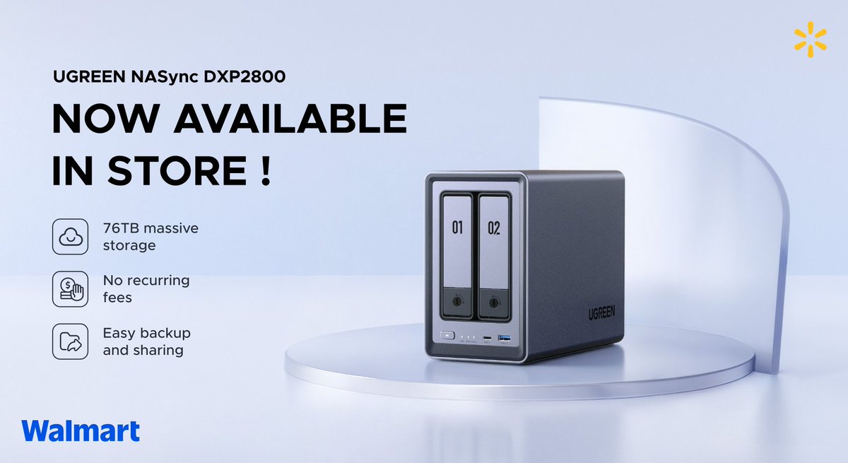 UGREENOfficial's tweet image. UGREEN NASync DXP2800 lands in Walmart on Oct 26!   📍   First cloud storage device available in-store at Walmart
💰  Seamless online and offline shopping experience + Hassle-free returns and exchanges
🛒  Shop online: bit.ly/4nKMxLl
#UGREEN #UGREENNAS #Walmart