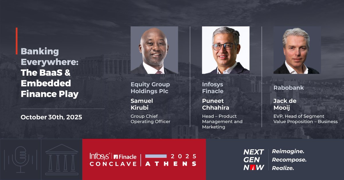 Finacle's tweet image. Redefining relevance in the era of embedded finance! Join leaders from Equity Group, Rabobank &amp;amp; Finacle at #FinacleConclave to explore how banks can scale BaaS &amp;amp; thrive as banking blends seamlessly into everyday digital journeys. 

okt.to/lESRcN

#BaaS #EmbeddedFinance