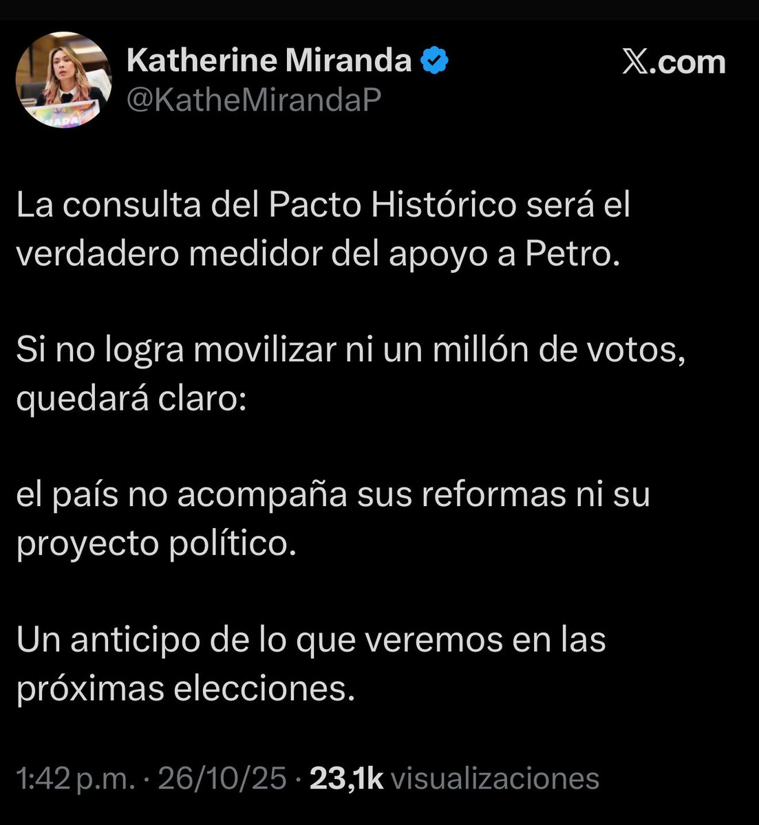 Hola, <a href="/KatheMirandaP/">Katherine Miranda</a>, van 2.6000.000 votos y contando. Saludos.
