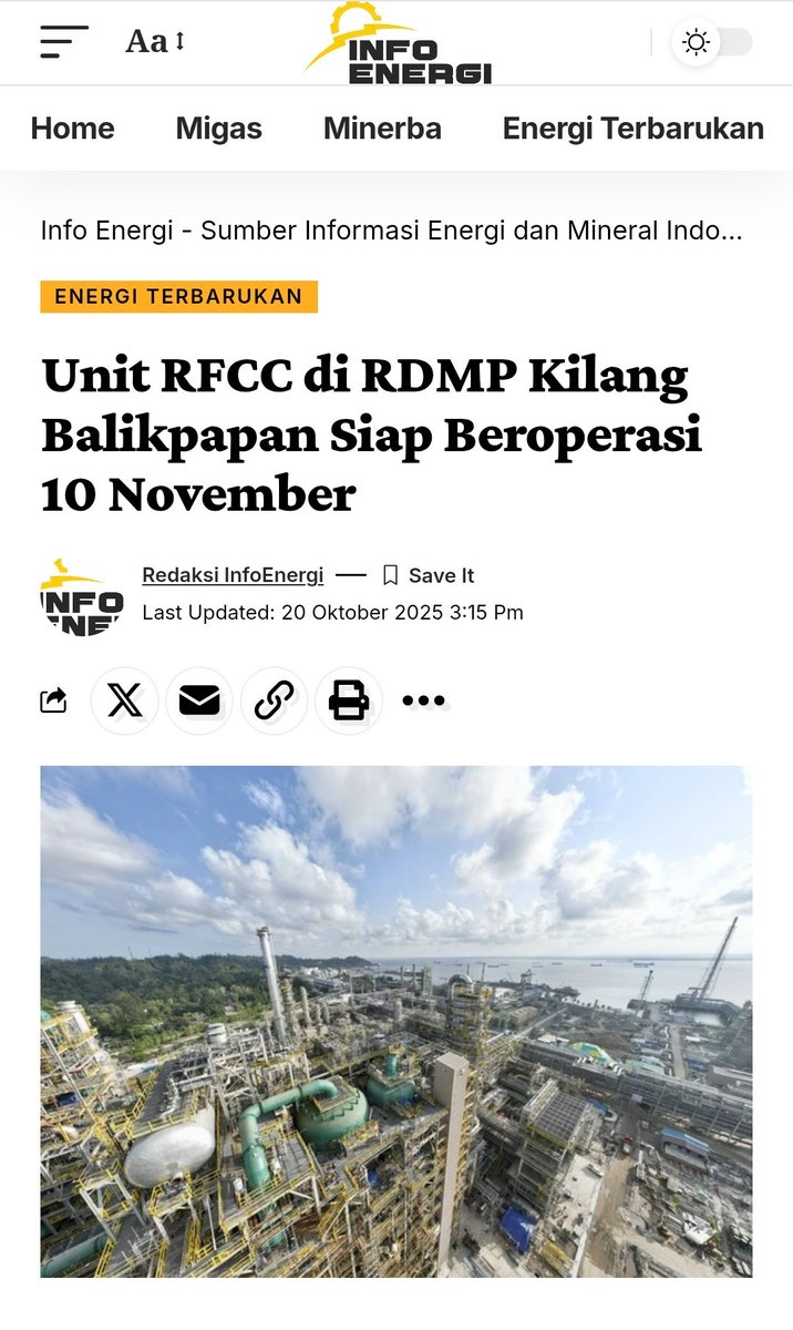 Kilang Balikpapan,segera mengoperasikan unit RFCC
  10 November mendatang.
ini merupakan bagian dari proyek Refinery Development Master Plan (RDMP) yang bertujuan untuk meningkatkan kapasitas dan efisiensi kilang dalam memenuhi kebutuhan energi nasional.
infoenergi.id/2025/10/20/uni…