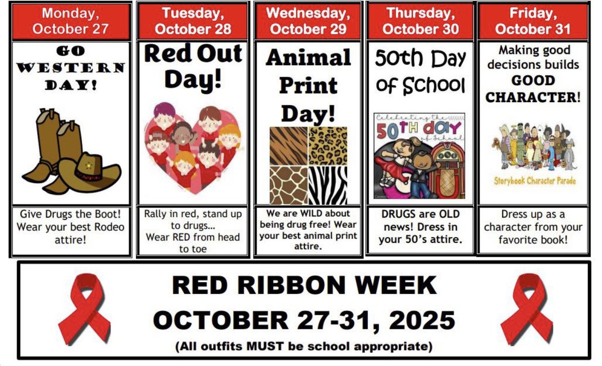 It’s Red Ribbon Week at Burton Elementary! 
Get ready to show your spirit and say NO to drugs in style!
Check out our dress-up days and join the fun all week long!
#RedRibbonWeek  #BeDrugFree