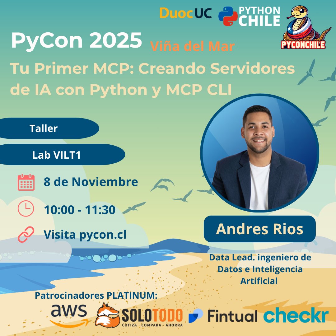pythonchiledev's tweet image. 💡 Tu Primer MCP con Python
Andres Rios te guía para crear tu primer servidor MCP, integrar un LLM y servir tu app de IA 🤖✨
📅 8/11 | 🕙 10:00 – 11:30 | DUOC UC
Nivel intermedio | Web, AI, MCP | ¡Convierte tus ideas en apps reales!
#PyConChile2025 #PythonChile