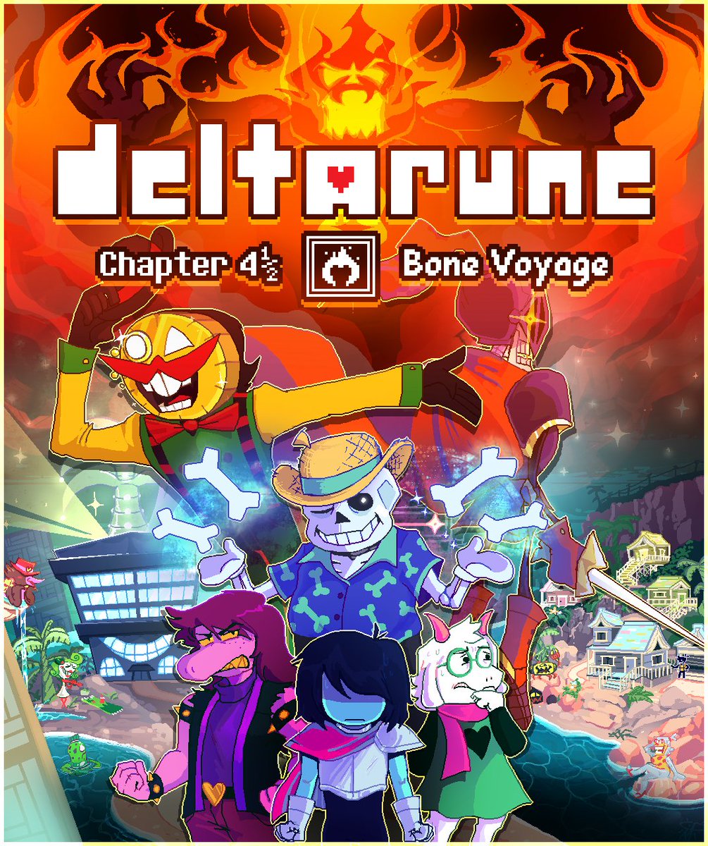 was graciously comm'd to make the promo poster for a fanmade DELTARUNE chapter between 4 and 5, a tropical dark world within Sans' convenience store... even better - it's a real fangame in development! if it interests you? then LOOK NO FURTHER THAN... the replies of this art!!!