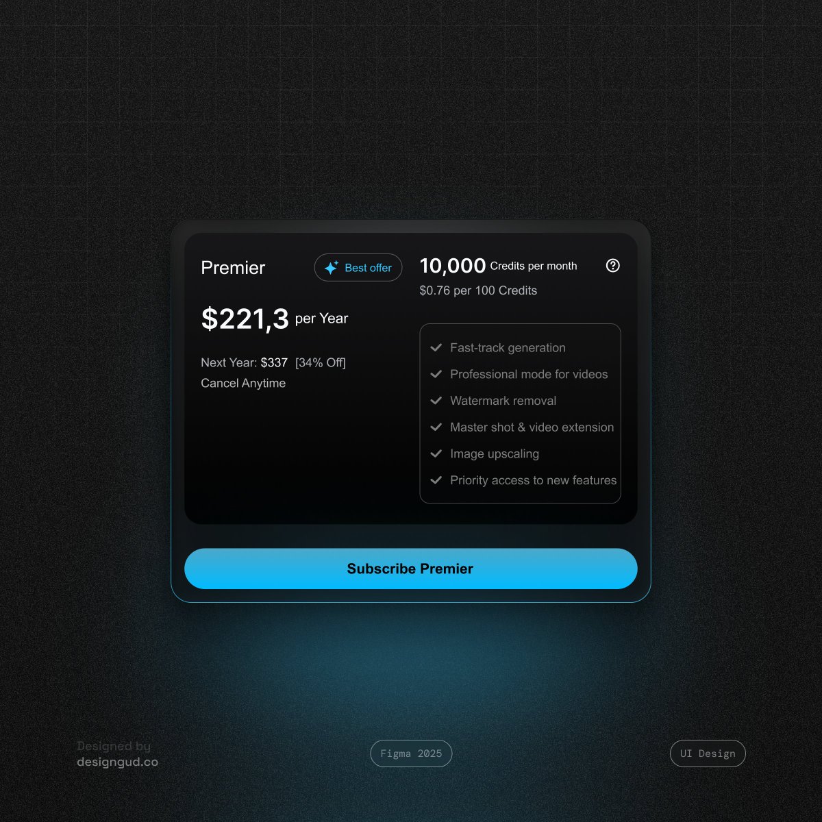 Vinz_DG's tweet image. Card UI design with  blue neon  button in Figma.