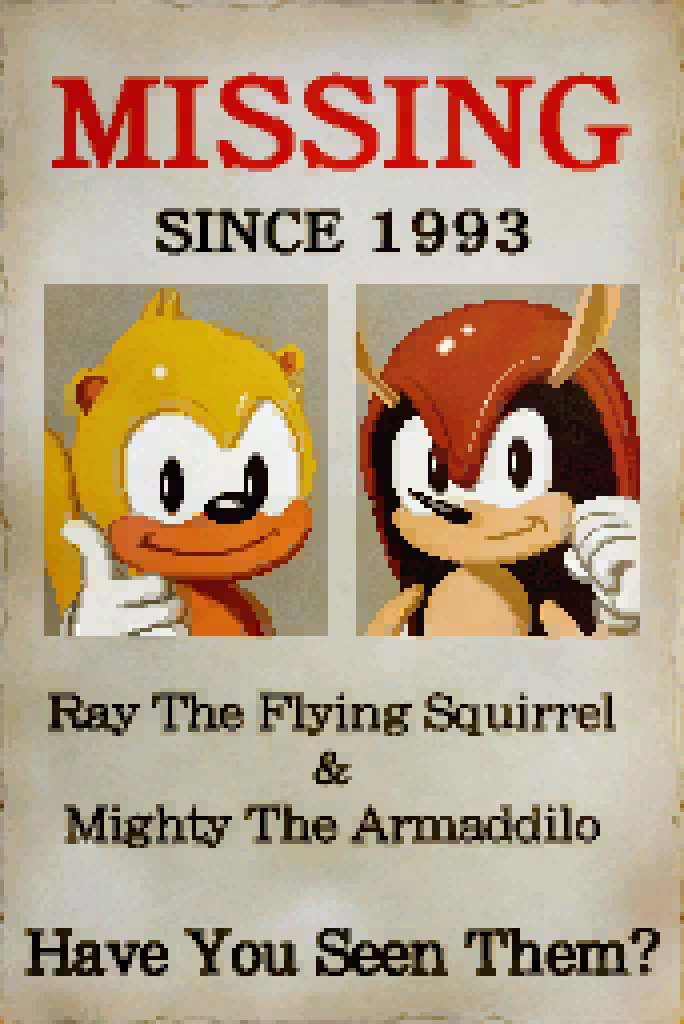 Sonic_Hedgeblog's tweet photo. In 'Sonic Generations' City Escape level, posters of Ray and Mighty appear. On it they misspell "Armadillo" and "Admaddilo". https://t.co/gNjQHgyfKd