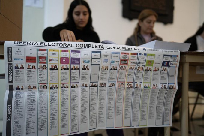 A large printed poster titled Oferta Electoral Completa Capital Federal is spread across a wooden table in a meeting room with individuals seated around it one woman with dark hair in a black top points at the poster while others including a woman with light brown hair in a pink top look on the poster features multiple columns of candidate photos names and party affiliations such as La Libertad Avanza with images of people in formal attire against blue and white backgrounds the room has beige walls wooden furniture and a framed picture on the wall