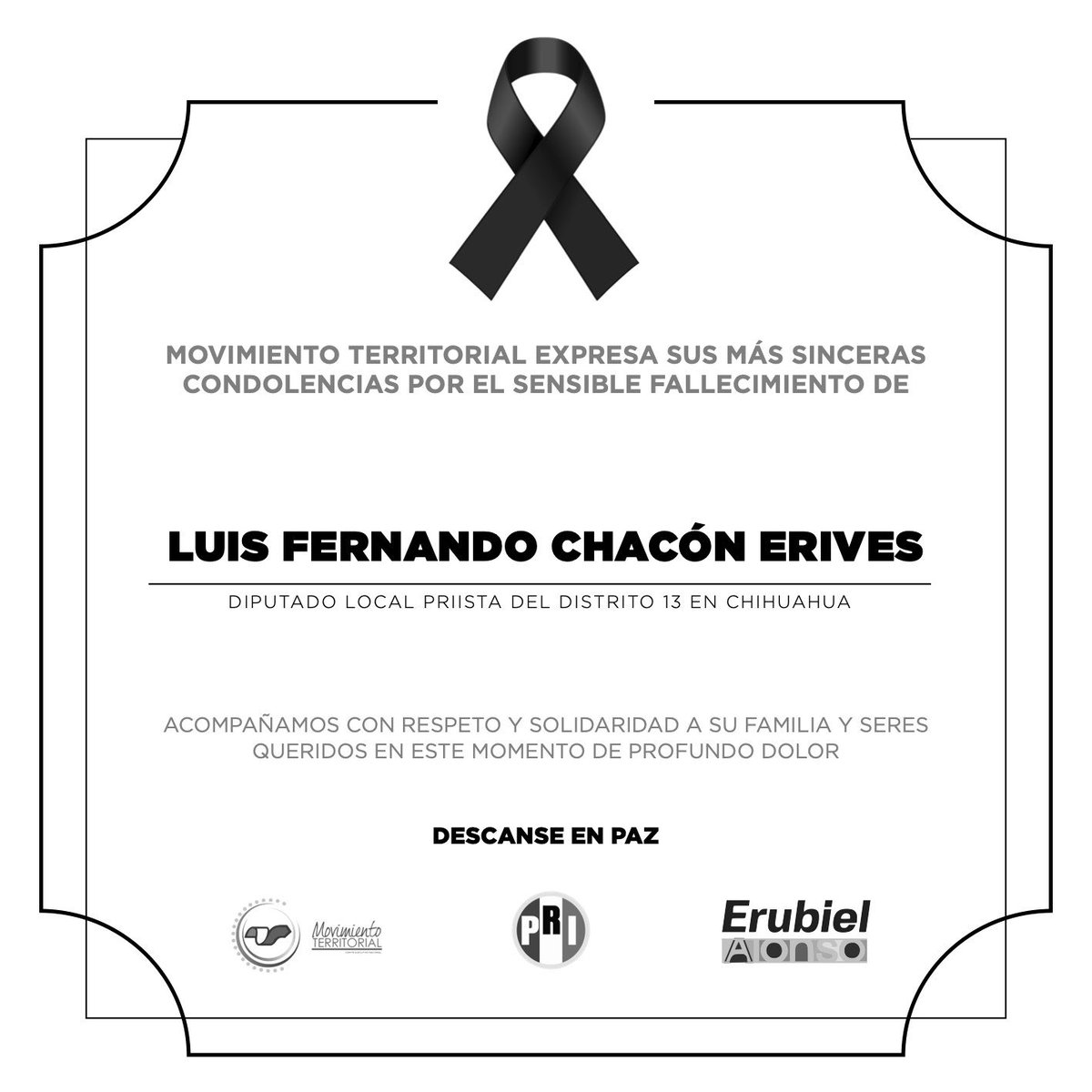 Lamentamos profundamente el sensible fallecimiento de Luis Fernando Chacón Erives, Dip. Loc. Del Dtto. 13 en Chihuahua.  Su compromiso con la ciudadanía dejan una huella imborrable.  

Nuestra solidaridad y acompañamiento a su familia y militancia en este momento tan doloroso.
