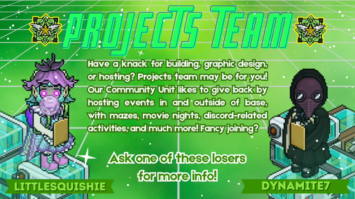🚨 HAPPY PROJECTS TEAM PING DAY! 🚨

🏗️ We're seeking new talent to join our team - whether you're a skilled builder, a host, or a graphic designer, you could be the perfect new member!

Message dynamite7 or LittleSquishie for more info! #habbo #habboUN