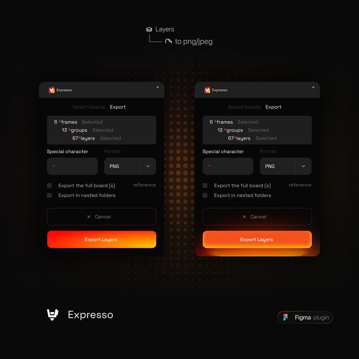 sergyproject's tweet image. Left or right?
I'm designing and developing a @figma plugin.
Need your help as I plan to upload it to the community.
It export all the layers filtered with special character too.
Expresso is coming 🤌