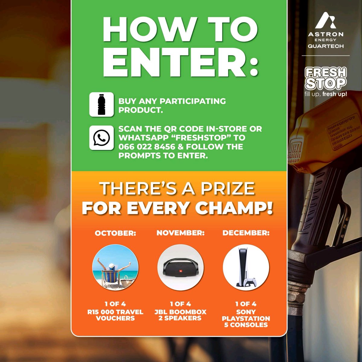 Pages_Potties's tweet image. Stand a chance to win your share of R300 000 in fuel vouchers + awesome monthly prizes. From 13 Oct 2025 – 4 Jan 2026

Every purchase of a participating product could make you a winner! 

#FreshStop #WinFuel #CompetitionTime #WinWithfreshstop #Mokopane