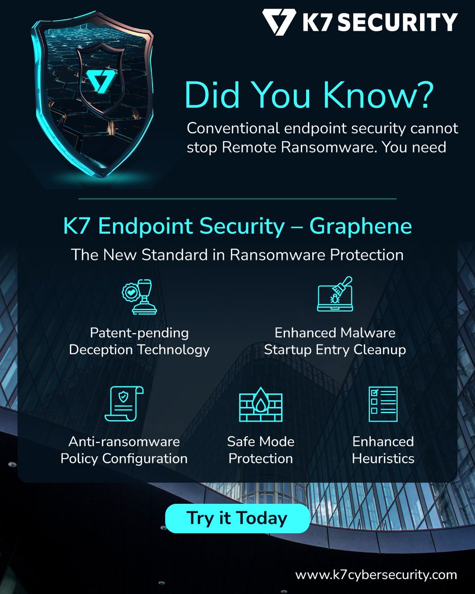 k7computing's tweet image. Ransomware groups have created new versions of ransomware that cannot be detected by conventional endpoint security. Stay ahead of threat actors and their evolving tactics with K7 Endpoint Security – Graphene. Try it in your organisation – k7computing.com/in/business-us…