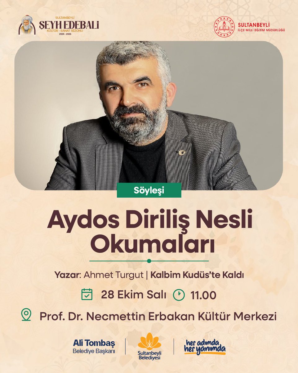 “Aydos Diriliş Nesli Okumaları”nda yeni dönemimiz başlıyor; Yazar Ahmet Turgut misafirimiz oluyor. 📚

Bekleriz.

📆28 Ekim Salı
🕚11.00
📍Prof. Dr. Necmettin Erbakan Kültür Merkezi