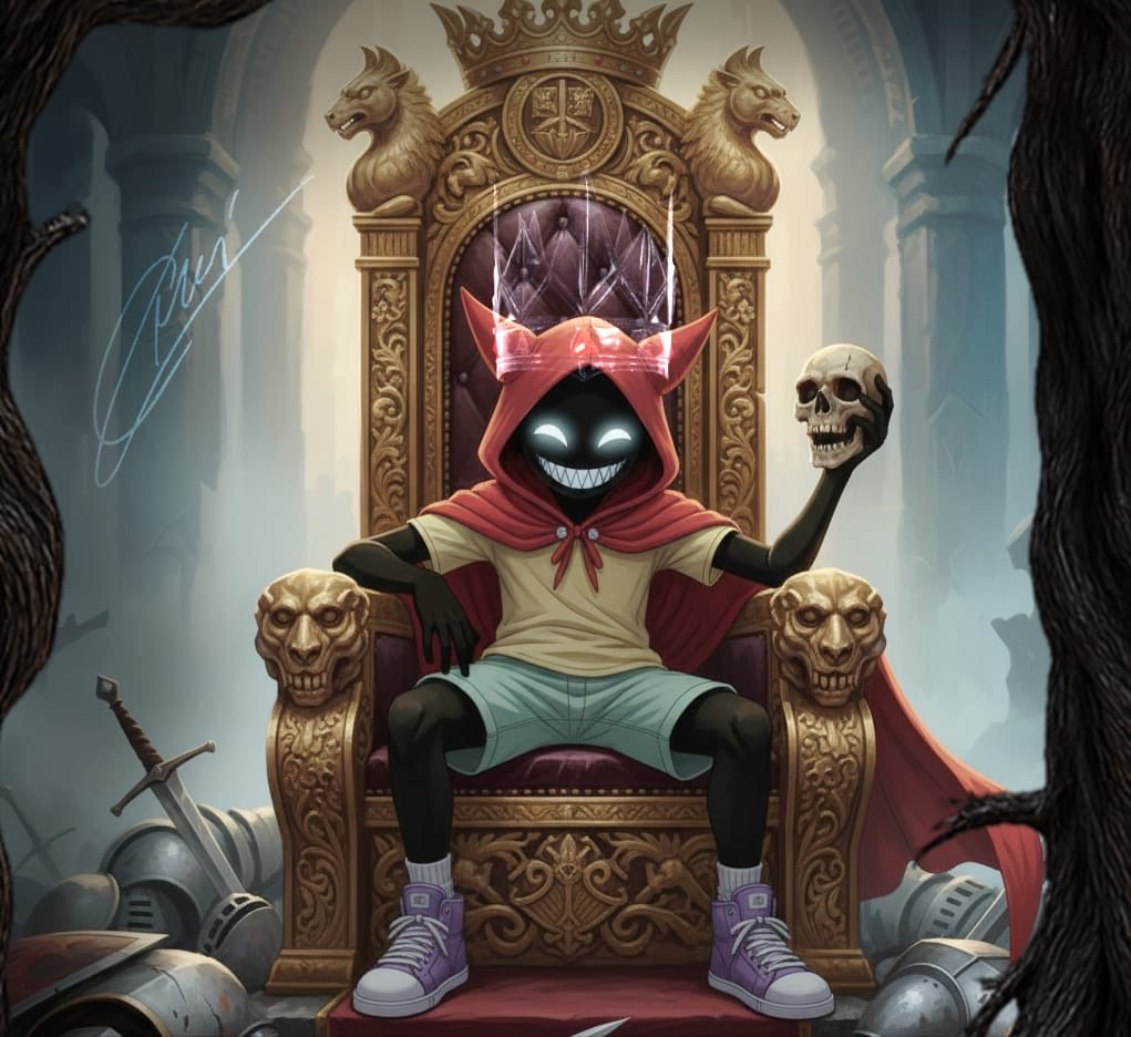 Neuko isn’t just a character it’s a reflection of everything we carry inside.

The chaos, the dreams, the noise, the spark.
One moment it’s sitting on a throne, holding a skull staring straight into the truth we often avoid that creation and destruction come from the same hands.