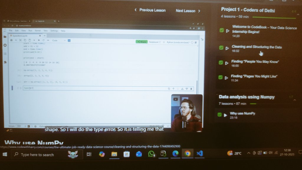 Darshan27037383's tweet image. ⚡ Day 5 of my #DataScience journey
Learned how to structure & clean data using pure Python 🧹
Also started with NumPy — understanding arrays and efficiency in data handling.
Step by step, it’s getting real 👨💻
#100DaysOfCode #BuildInPublic #LearningInPublic