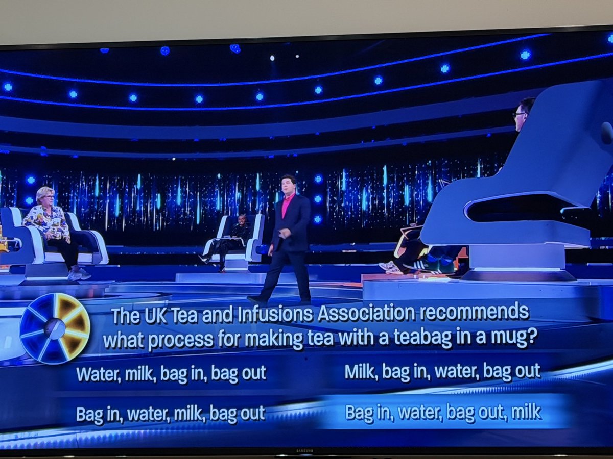 The most British question to ever be asked on TV!! I strongly disagree with the answer...what do you reckon? I'm a bag in, water, milk, bag out kinda dude!! #tea #thewheel #british