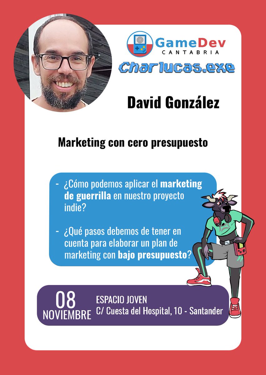 En Charlucas.exe también nos acompañará David González (<a href="/MRetrogames/">🐸PhotophoBoy🐸 Wishlist on Steam</a>), desarrollador independiente y creador de PhotophoBoy.
En su charla nos enseñará trucos y consejos para crear y ejecutar el plan de marketing de nuestros proyectos con bajo presupuesto.