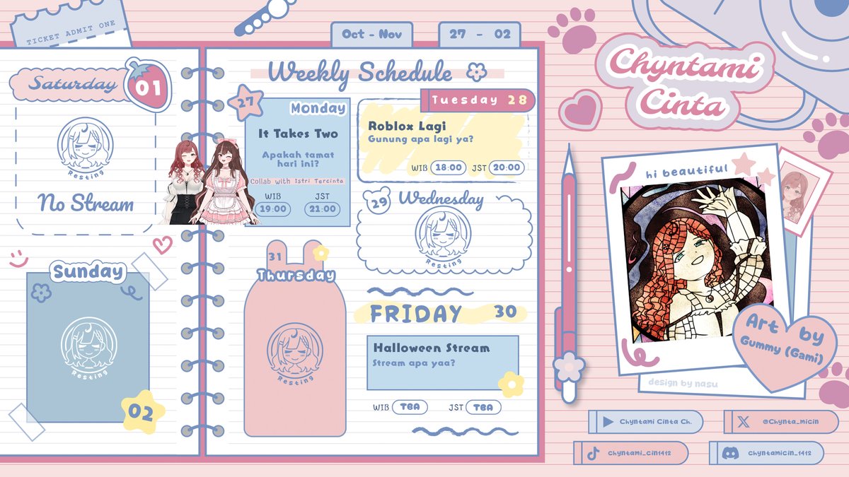 Chynta_micin's tweet photo. Konnichynta 🩷
Skemjul untuk bulan October 27 - 02 November 2025 🧂🩷
【#Chyntamicinta #Chylung #Micinscheed #Vtuber 】 https://t.co/02fx3yb1Fa