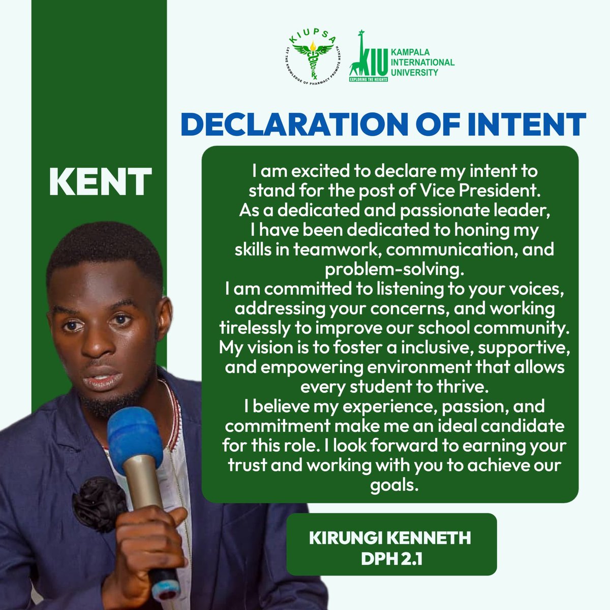 I took a step ahead and declared my intention to stand as the Kampala international university pharmacy students association at the western campus 
And hereby request for your support in this tough journey ahead