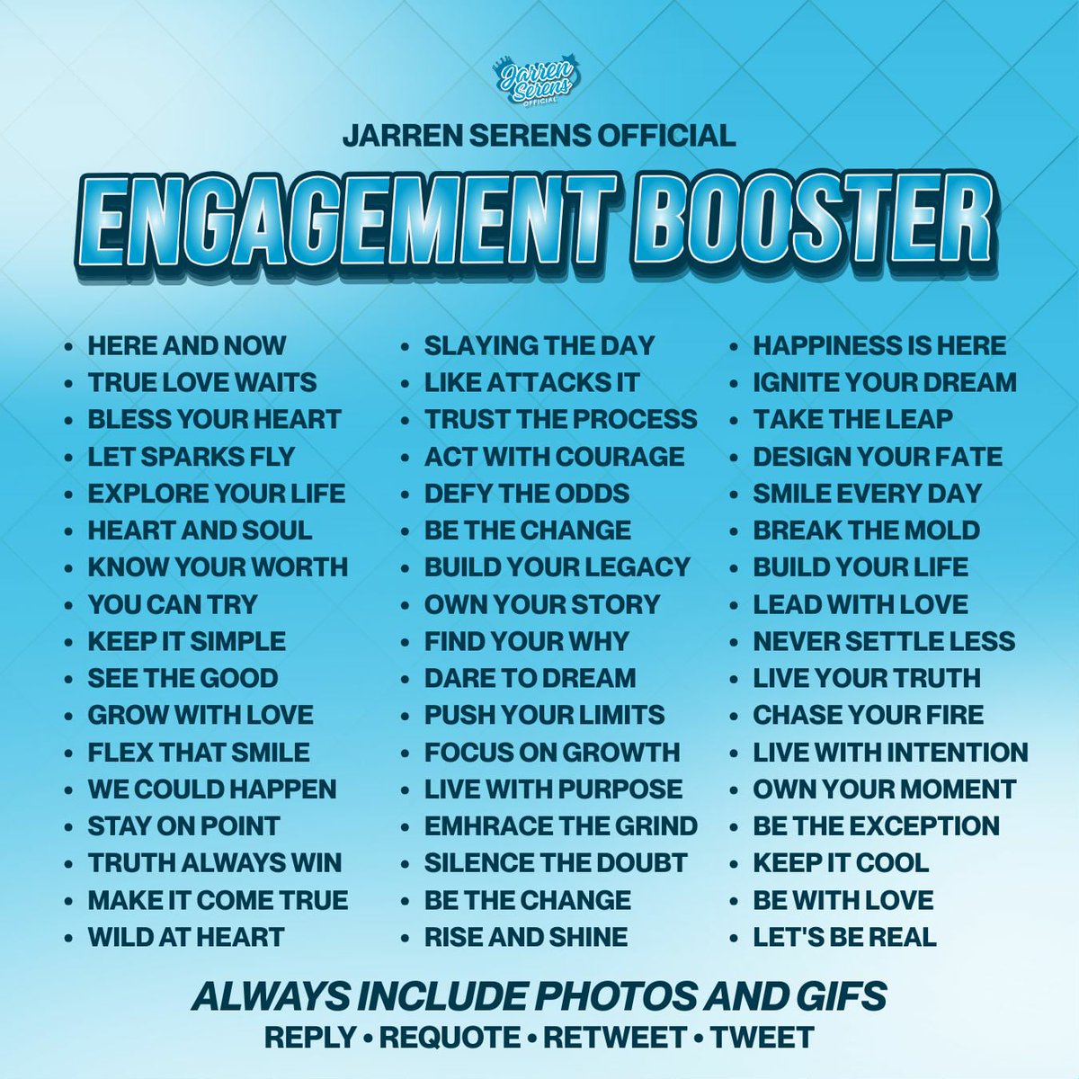 THREE HUNDRED REPLIES CHALLENGE 

Always remember the TP rules and include our tagline with pictures or gifs. Thank you so much Solids and shippers!

• No numbers   
• No emojis
• No all caps  
• At least three words per tweet  
• Engage with big accounts

JARRENXBNY OUT NOW