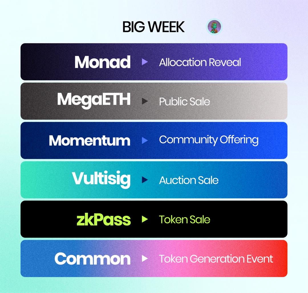 NDIDI_GRAM's tweet image. ‼️BIG WEEK, THIS WEEK

→ @monad: Token allocation reveal on Oct 28
→ @megaeth_labs: $MEGA public sale kicks off at 1:00 PM UTC, Oct 27
→ @MMTFinance : Community offering via Buildpad at 10:00 AM UTC, Oct 27
→ @vultisig: Auction sale via Uniswap at 12:00 PM UTC, Oct 27
→…