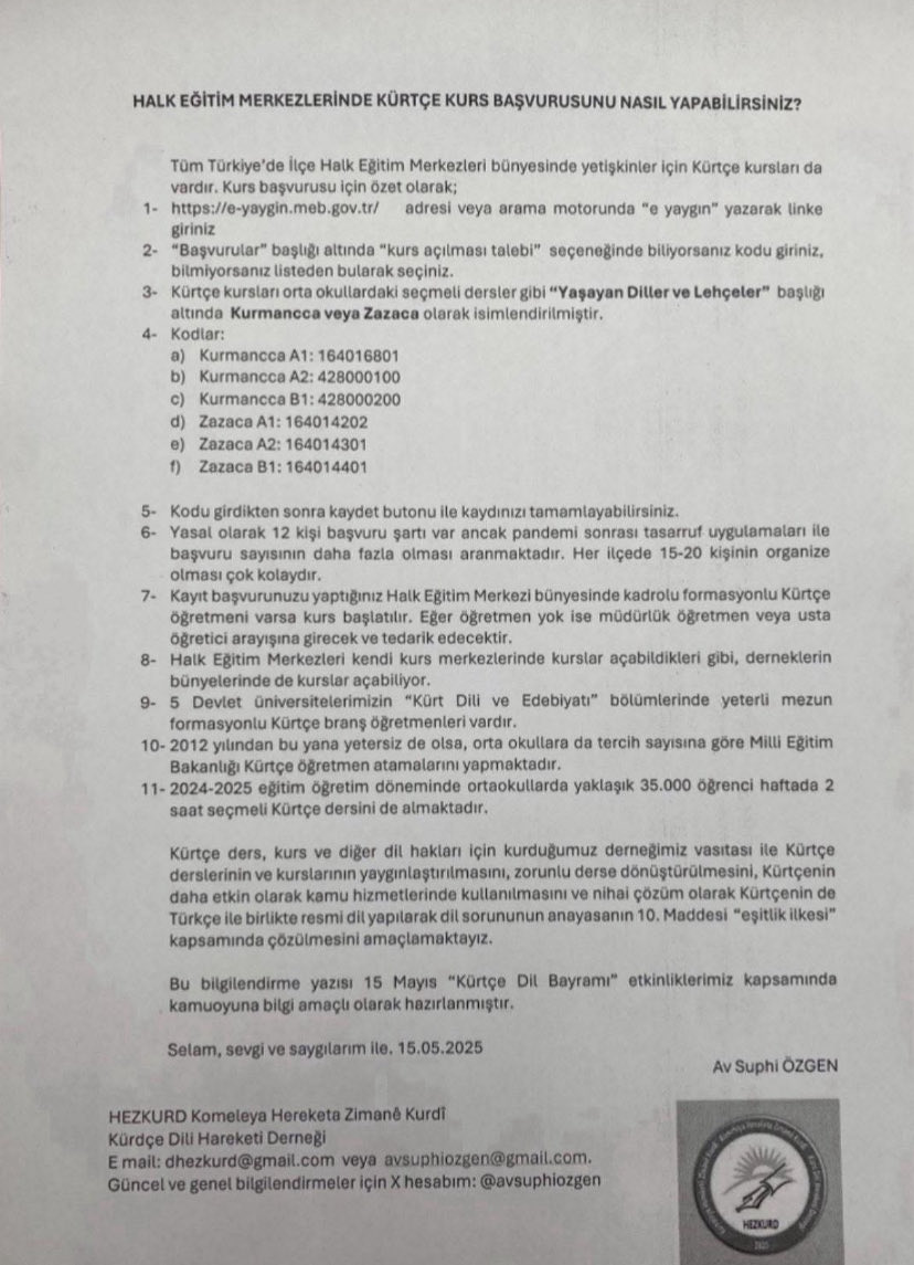 Müjdeli bir haber ile 
Merhabalar
İstanbul Ümraniye’de Halk Eğitim Merkezi’nde  hem Kurmancca hem de Zazaca Kürtçe kursu açtırma sürecindeyiz 
Sizler de destek olur musunuz

Dem baş mizgînî
Em hewl didin li Ûmranîya Stenbolê li Navenda Perwerdehîya Gel kûrsa Kurdî him Kurmancî