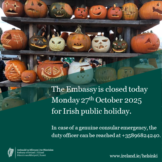 📣 The Embassy is closed today 27 October 2025. 

In case of a genuine consular emergency, the duty officer can be reached at +35896824240. 

ireland.ie/en/finland/hel…