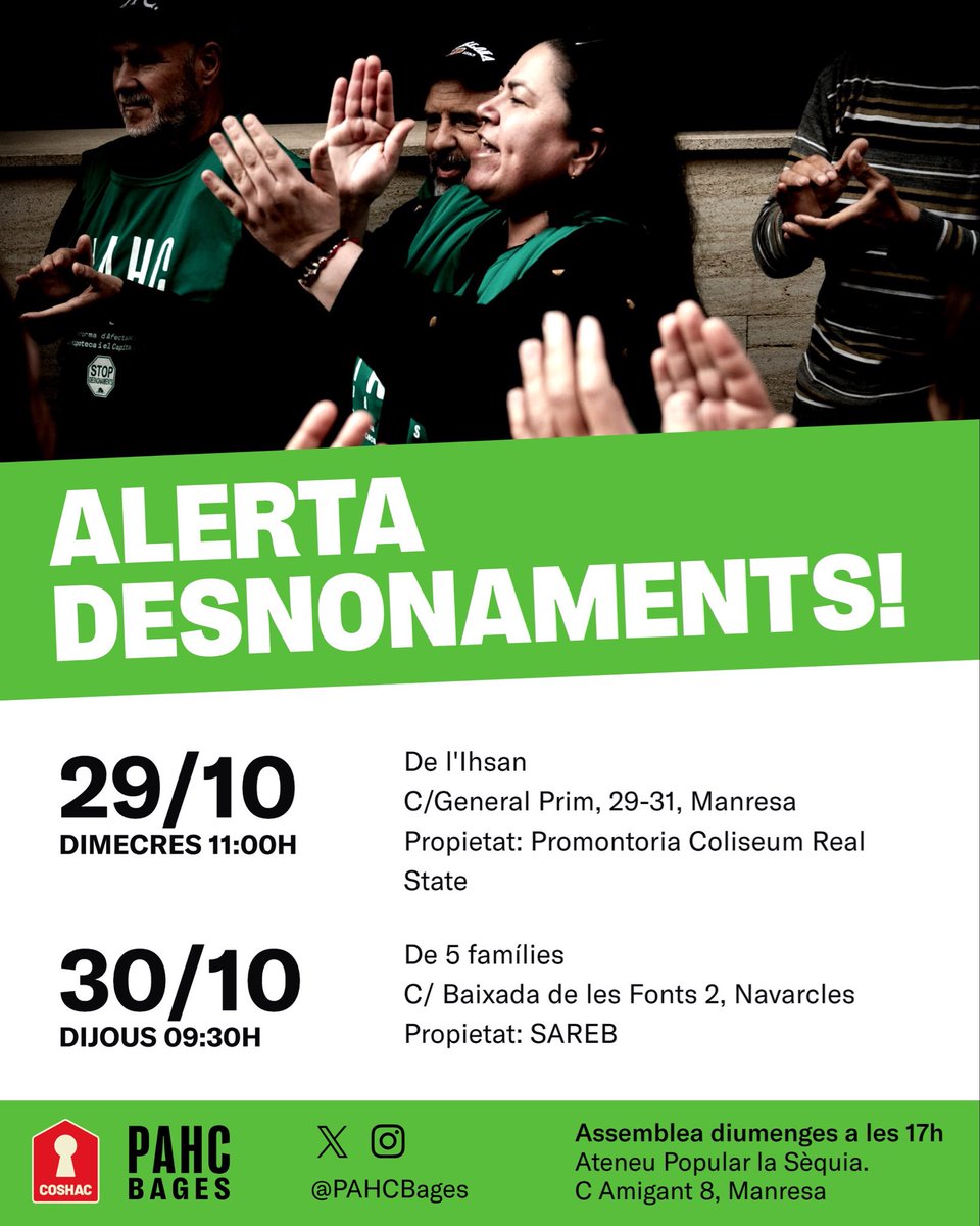 🟢📢 Aquesta setmana Promontoria vol desnonar la nostra companya Ihsan i la SAREB vol fer fora 5 famílies d’un bloc! 

✊💥 Plantem cara als fons voltors i lluitem per un habitatge digne! SI SE PUEDE!