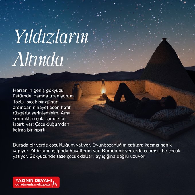 Night sky filled with stars over Harran landscape with tents and a person reclining on a mat near a lantern in a desert setting under the Milky Way visible prominently in the dark sky.