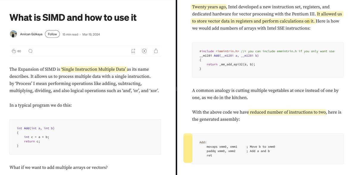 What is SIMD and how to use it by Anılcan Gülkaya

medium.com/@anilcangulkay…

Similar to the quoted post on designing a SIMD algorithm from scratch, this article provides all the necessary elements to start with SIMD.