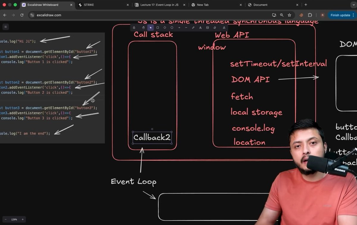 PaponRay404's tweet image. Day 3️⃣0️⃣ – Web Dev Journey 🚀
16th day of JavaScript ✨
How JS handles async tasks under the hood 🧠
📌 Learned:
• Event Loop & JS single thread
• Web APIs, Callback & Task Queue
• Non-blocking behavior explained
• Async flow finally makes sense 🔥
#JavaScript #WebDev