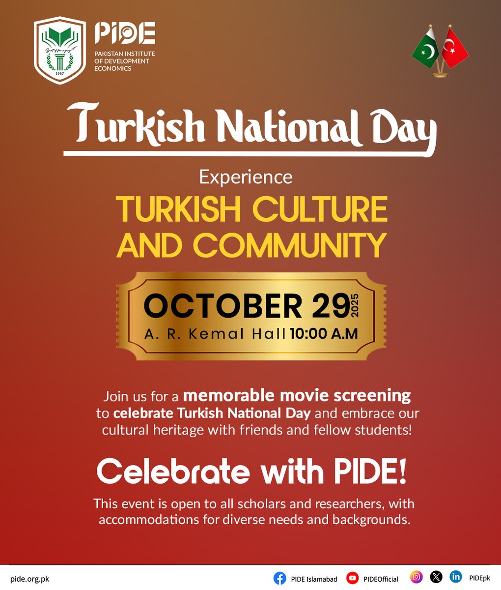 𝗧𝘂𝗿𝗸𝗶𝘀𝗵 𝗡𝗮𝘁𝗶𝗼𝗻𝗮𝗹 𝗗𝗮𝘆 𝗮𝘁 <a href="/PIDEpk/">Pakistan Institute of Development Economics (PIDE)</a> 
A celebration of friendship. A glimpse into rich tradition. A cinematic journey across cultures.

Join us as we honor #TurkishNationalDay with a special movie screening that strengthens the bond between Pakistan and Turkey!

📅