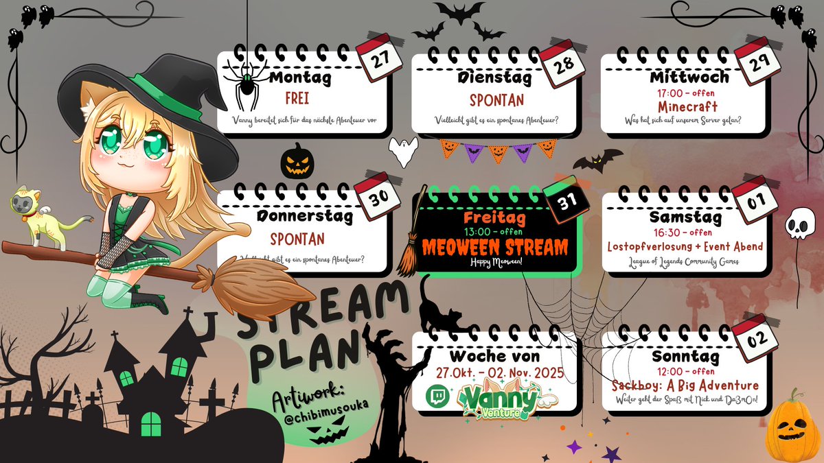 VannyVenture's tweet photo. Der Stream Plan für diese Woche! Ich freu mich schon so auf MEOWEEN 🧡💚 https://t.co/or5lXTjcXI
