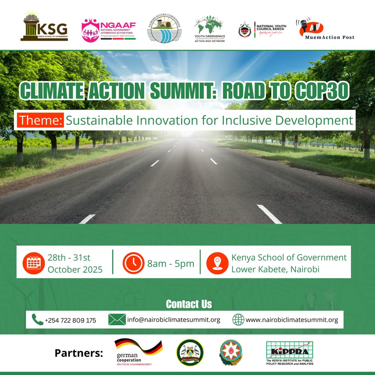 NYC_YouthVoice's tweet photo. The wait is over — the #ClimateActionSummit: Road to #COP30 kicks off tomorrow! 🚀

Join young changemakers and climate leaders shaping a sustainable future under the theme: “Sustainable Innovation for Inclusive Development.” 🌍💡

📍 Kenya School of Government, Lower Kabete
📅 28th – 31st Oct 2025 | 🕗 8am – 5pm

@GreenspaceYouth
@Oayouthkenya @muemaction
#YouthForClimate #ClimateAction #Kenya #Sustainability
