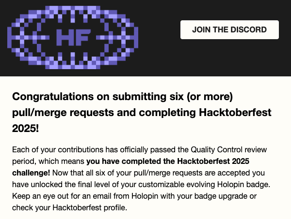 codeharmann's tweet image. I completed @hacktoberfest 2025!
If you had asked me a month ago whether I'd be contributing to six open source projects, I would have laughed and said, "Nice joke."
However, I learned and managed to contribute by solving small issues in responsive design and accessibility,…