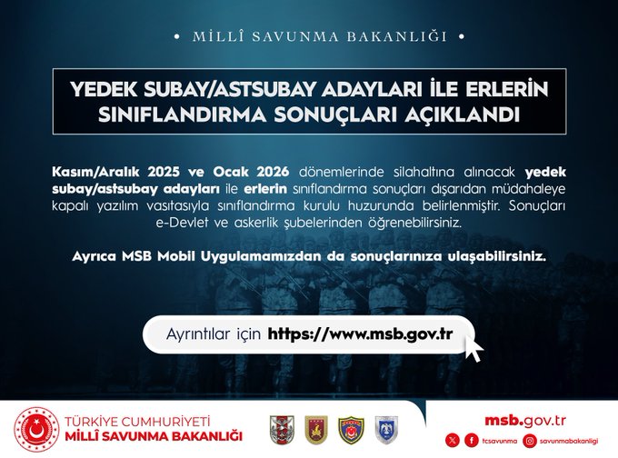 Graphic with blue background and white text announcing classification results for reserve officers, non-commissioned officer candidates, and privates. Details the determination process using secure software in the presence of the board for November December 2025 and January 2026 drafts. Includes access instructions via e-Devlet, recruitment offices, and MSB Mobile app. Features Turkish Republic emblem, Ministry logo, website link, and social media icons at the bottom.