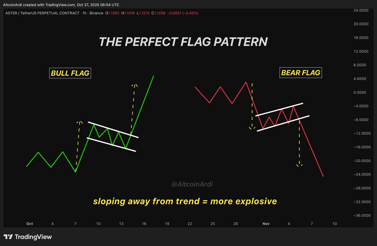Daily Education #6 📚 — The Perfect Flag Pattern

The Bull and Bear Flag Pattern are some of the most reliable continuation setups in technical analysis, and form when price makes a strong impulsive move (the flagpole) followed by a brief consolidation (the flag).

That