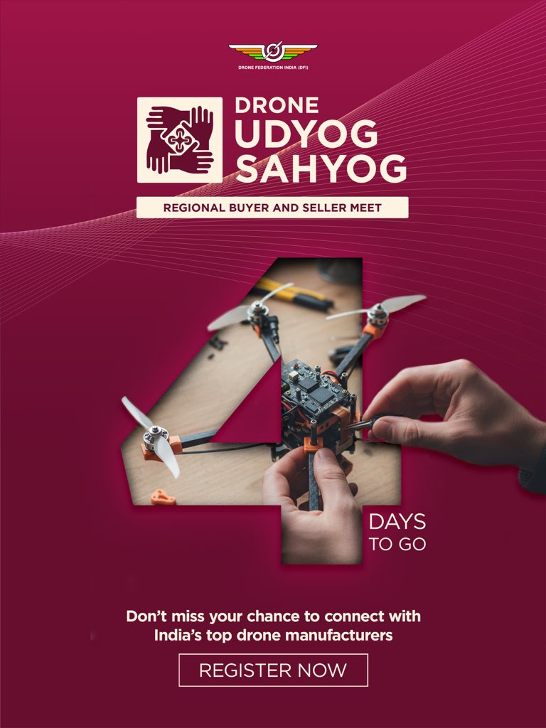 dronefed's tweet image. Only 4 days left! ⏳

Meet India’s top drone manufacturers &amp;amp; component makers — don’t miss out. ⚙️🇮🇳

🔗Attendees Registration Link: bit.ly/udyog-sahyog-d…

#DroneUdyogSahyog #DFIEvents #DroneComponents