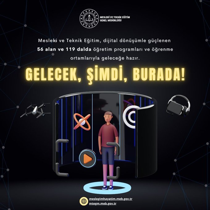 Graphic with official Turkish Ministry of National Education logo at top left, text in Turkish stating 56 fields and 119 branches of digital vocational and technical education programs implemented nationwide. Bold yellow text reads Gelecek Simdi Burada meaning Future Now Here. Lower section shows 3D rendered scene of young man in red shirt standing in dark room with glowing blue holographic circle around him, wearing VR headset, surrounded by floating icons including drone, planet ring, target symbol, play button, and cylindrical objects.