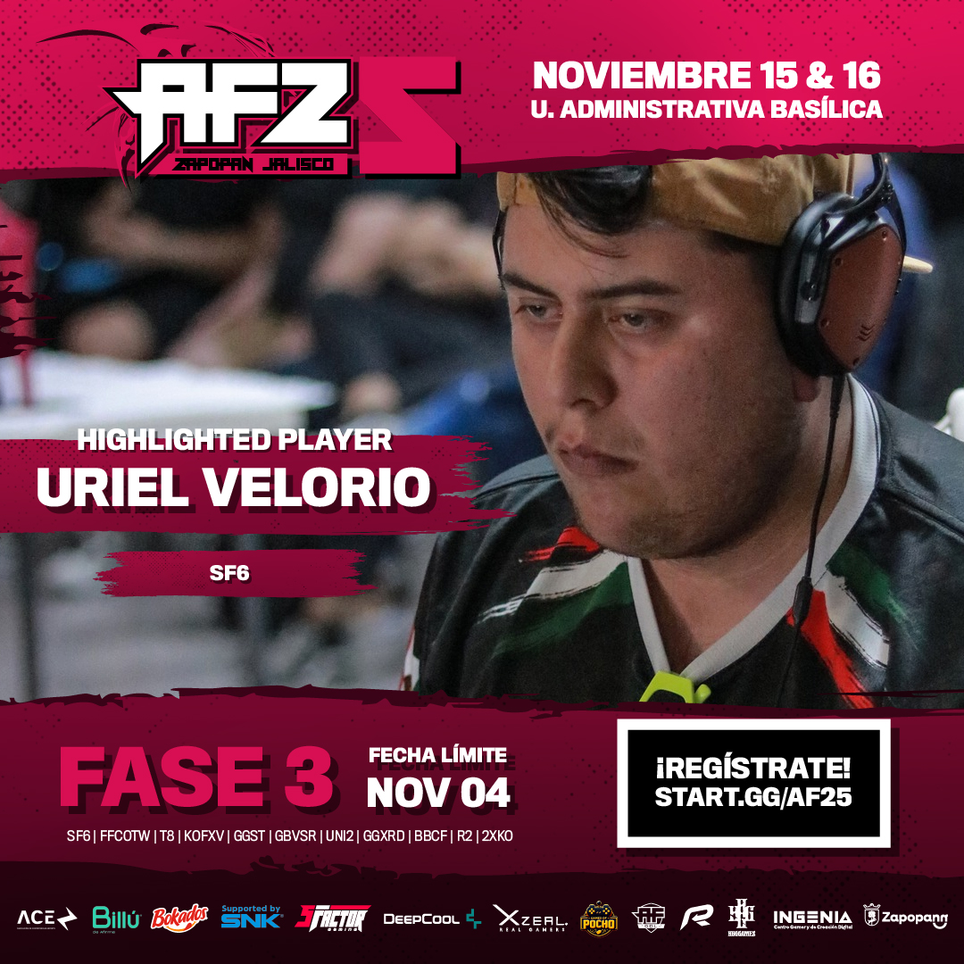 El 2 veces jugador de la Capcom Cup, el mísmisimo <a href="/UrielVelorioc75/">ILLICIT | Uriel Velorio</a> aparece en #AF25 con sus letales Ken y Terry 🔥

📅15 y 16 de Noviembre
🌎Zapopan, Jalisco

¿Tienes lo necesario para derrotarlo? ¡Inscríbete ya!
📝Enlace en los comentarios