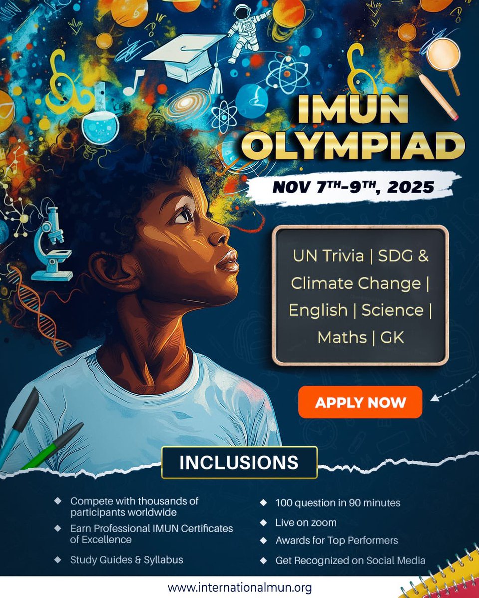 Melodiousify's tweet photo. 🌍 IMUN Olympiad 2025 | Nov 7–9
Join 170+ countries in the world’s biggest online competition! 🌐
Test your skills in UN, SDGs, English, Science, Maths &amp; GK 🧠
🏆 Win certificates &amp; global recognition!

Apply now 👉 https://t.co/YKuAfOFNIS

#IMUNOlympiad #IMUN2025 #Global https://t.co/gDdwsEsdS6