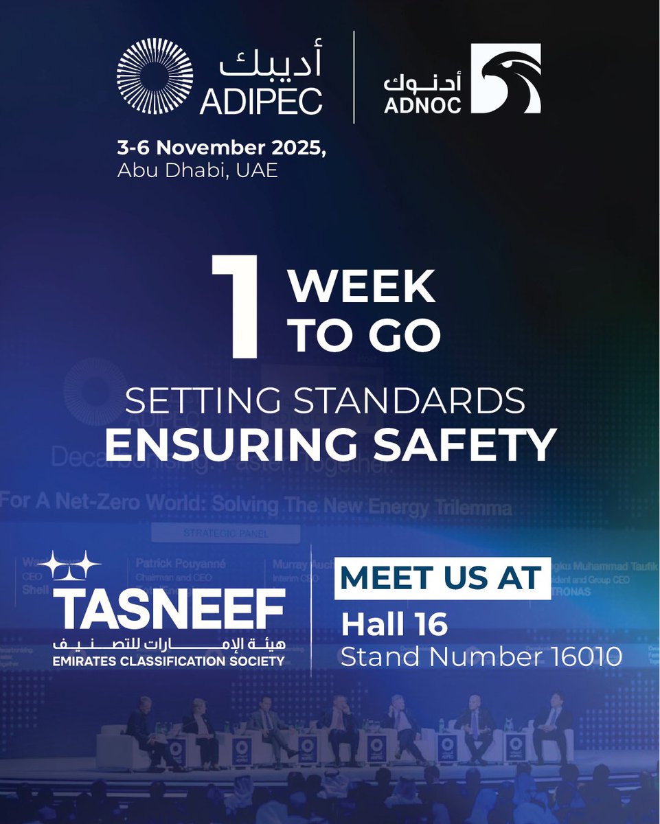 TasneefGroup's tweet photo. ⏳ 1 Week to Go! We’re counting down to ADIPEC 2025, the world’s leading energy event. Join us as we showcase our services and contributions to shaping the future of energy. 🌍⚡ #ADIPEC2025 #EnergyInnovation #AbuDhabi #CountdownBegins @ADIPECOfficial @ADNOCGroup @dmgeventsglobal https://t.co/QotEbGOl6d