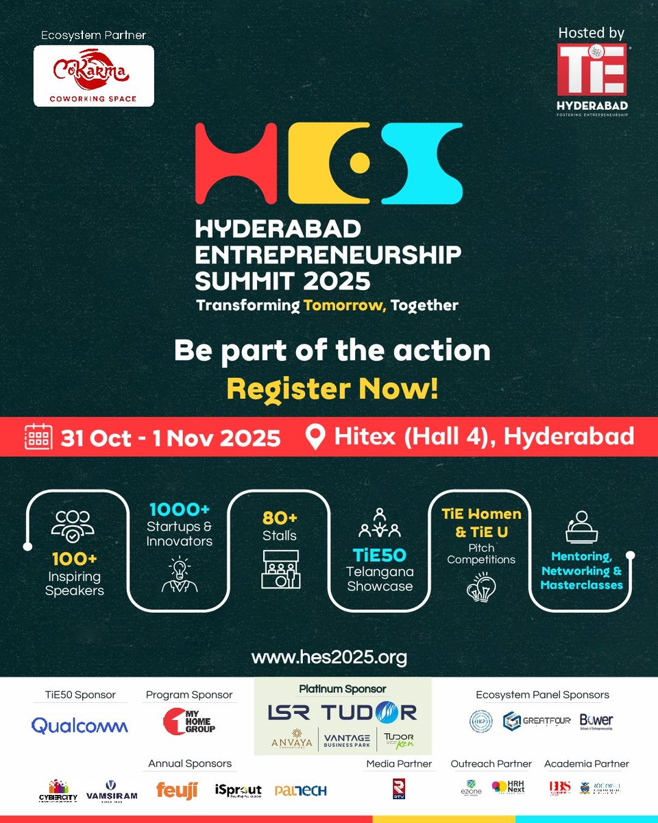 CoKarma x TiE Hyd
 Hyderabad Entrepreneurship Summit 2025

• 25+ Panels | 100+ Speakers
• 6 Masterclasses | 40+ Expo Stalls
• 1500+ Entrepreneurs &amp; Investors

Exclusive 20% Off for CoKarma entrepreneurs till 27th Oct (Ending today!)
To Register: 
hes2025.org/#/buyTickets/s…