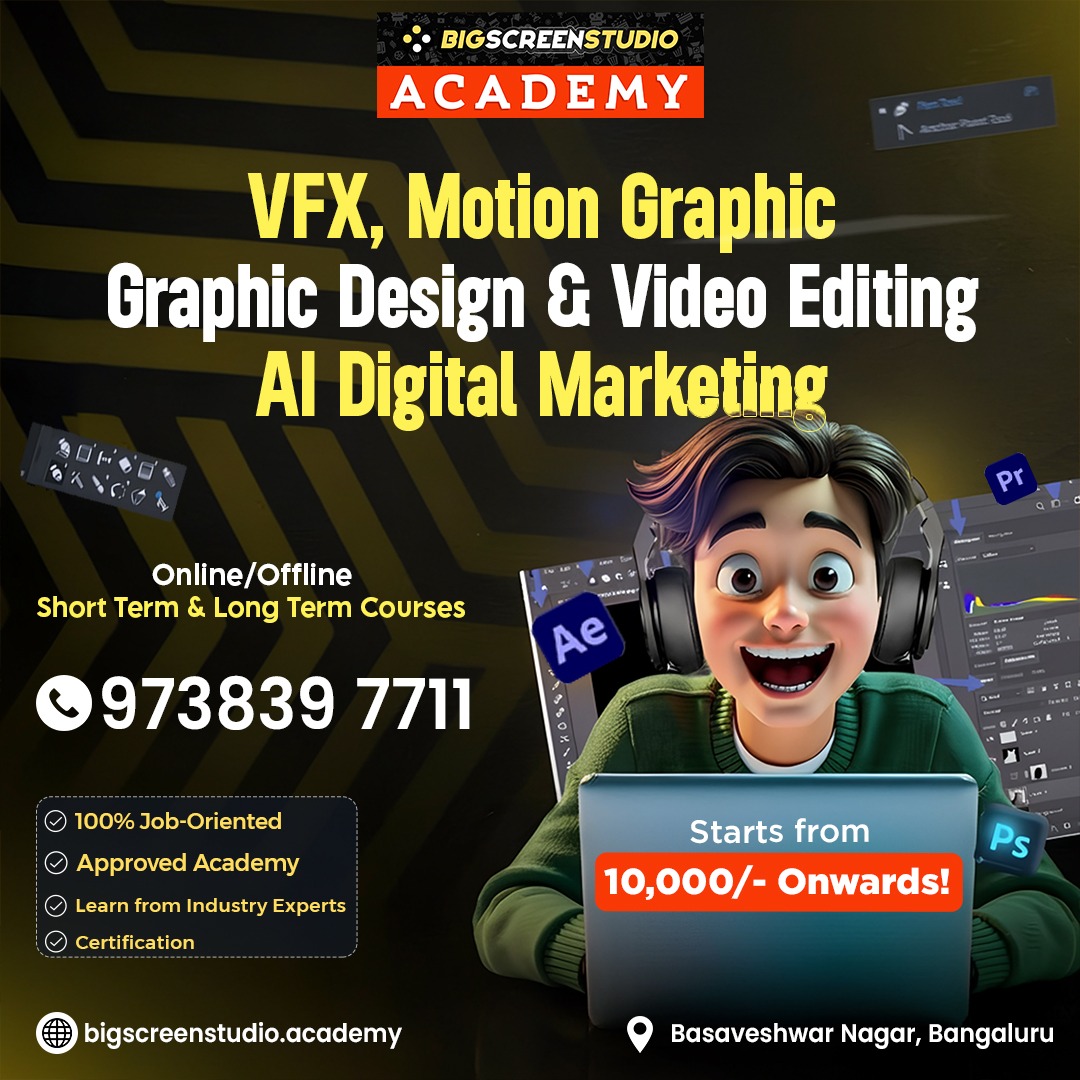 bigscreenacad's tweet image. 🎬 Turn your passion into a profession!
Learn VFX, Motion Graphics, Design &amp;amp; Digital Marketing 💻
🎓 100% Job Oriented | Online &amp;amp; Offline
👉 bigscreenstudio.academy | 📞 9738397711
#BigScreenStudio #CreativeCareers