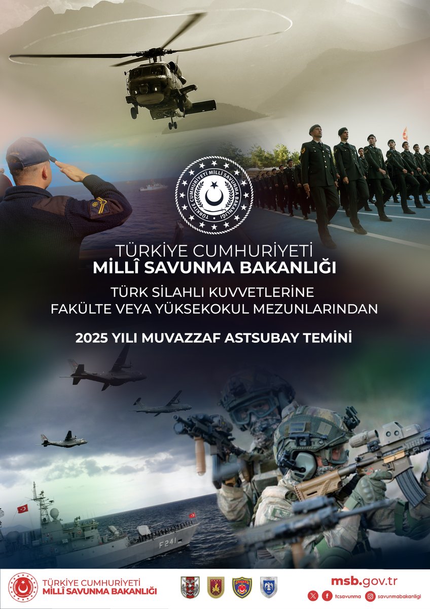 Promotional graphic with background of flying military helicopter over landscape and sea. Foreground shows uniformed soldiers marching in formation with one soldier saluting. Additional elements include fighter jet in flight armed personnel on ship at sea and Turkish flag. Central text in Turkish reads Türkiye Cumhuriyeti Millî Savunma Bakanlığı and details about 2025 regular non-commissioned officer candidate recruitment from university graduates. Official emblems and website msb.gov.tr visible at bottom.