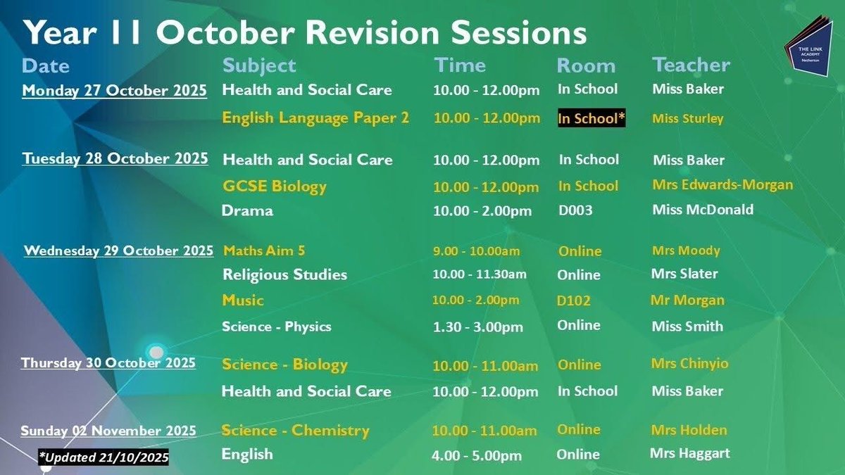 Our half term revision offer for Y11 starts today! Please arrive at main reception for the sessions and a member of staff will meet you there and you’ll be directed to the correct room! Rewards are up for grabs! Be there… because HARD WORK BEATS TALENT! 💚🔗